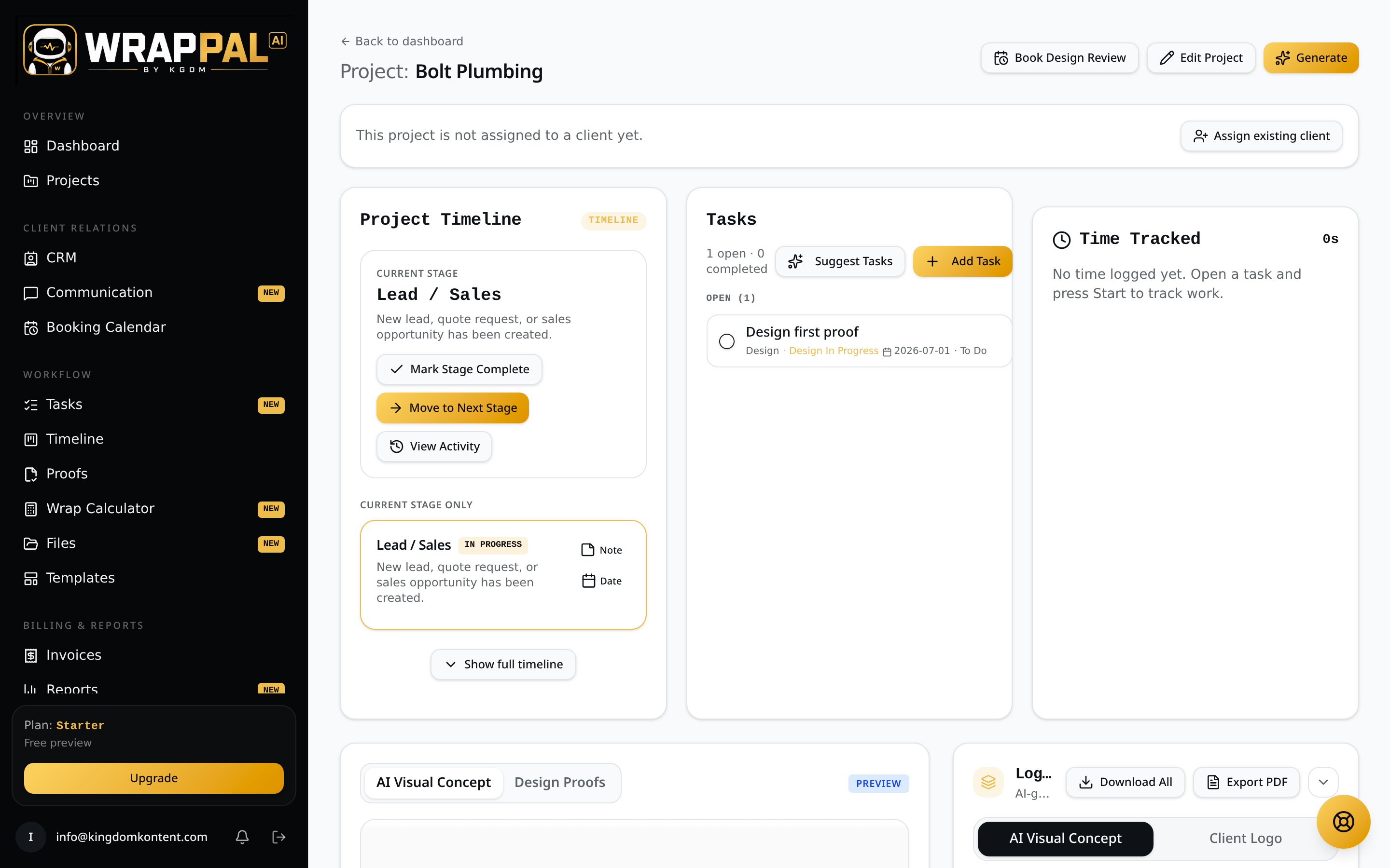 Project workspace with proofs, files, notes, and client activity